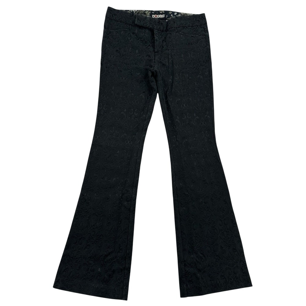 World Black Floral Damask Brocade Flare Pants Low Rise Size 7/8 Y2K Trousers